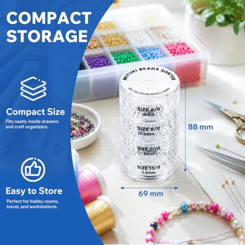 MIYUKI Beads Sorter for Round Rocaille Seed Beads, 4-Level Acrylic Bead Sifter with Size Labels 6/0 8/0 11/0 15/0, Seed Bead Organizer Tool for Jewelry Making, Bracelet Making & Craft Projects