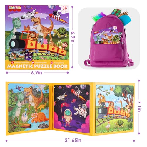 Magnetic Jigsaw Puzzles for Kids Ages 4-6, 36-Piece Preschooler Travel Toys Animals and Space Puzzles Ages 3-5, Educational Learning Magnets, Ideal Road Trip Activities Toys for 3 4 5 6 Boys and Girls - color: 36 Pcs Animals
