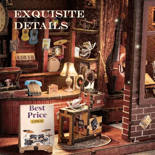 Book Nook Kit DIY Miniature House for Adults, Timeless Music Shop Dollhouse Bookshelf Insert with LED Light, DIY Craft Model Kit for Adults & Teens, Unique Bookshelf Decor Gift for Book Lovers - style: Music Shop