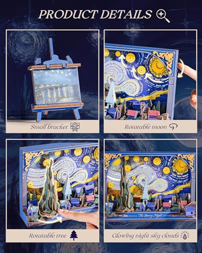 Rowood Starry Night 3D Puzzles for Adults,Mother's Day DIY Wooden Vincent Van Gogh Painting Artwork Craft Kit Building Set with LED,Home Decor Botanical Collection Gift for Family on Christmas - style: The Starry Night