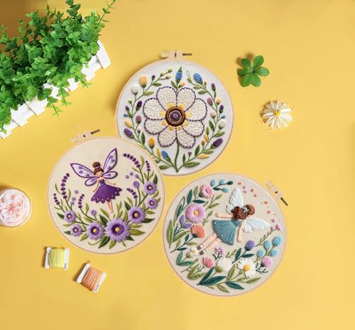 Konrisa Embroidery Kits for Adults, 3pcs Elf Flower Fairy Floral Embroidery Starter Kit DIY Sewing Practice with Hoop,Needlepoint Cross Stitch Kit - color: flower fairy