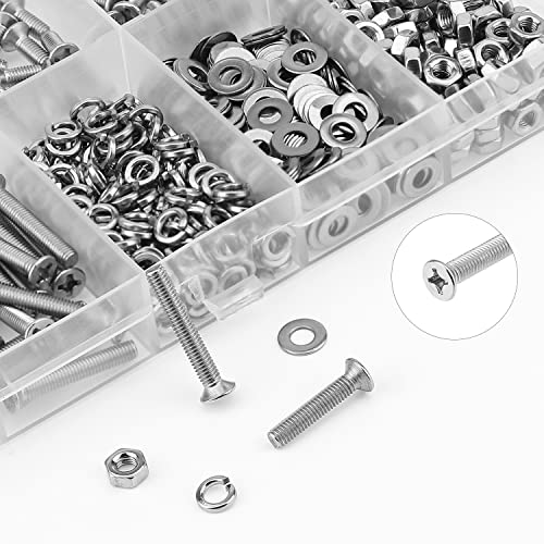 HELIFOUNER 560 Pieces M3 x 4mm /6mm /8mm /10mm /12mm /16mm /20mm, Phillips Countersunk Head Machine Screws, Metric Screws Bolts Washers Nuts Kit, 304 Stainless Steel - size: M3, style: Phillips Countersunk Head