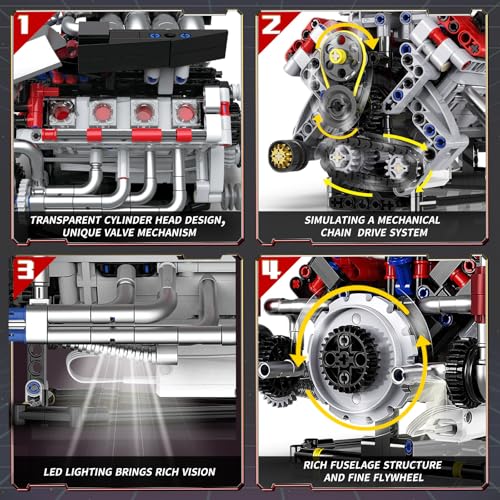 V8 Engine Model Kit that Run, 8-Cylinder Car Engine Building Blocks Set, Build Your Own STEM Engineering Kit that Work with LED Light and APP Control, Collections Set for Age 8+/Kids/Adults (700 PCS) - color: Silver