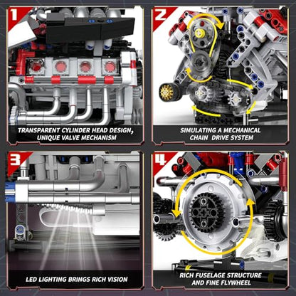 V8 Engine Model Kit that Run, 8-Cylinder Car Engine Building Blocks Set, Build Your Own STEM Engineering Kit that Work with LED Light and APP Control, Collections Set for Age 8+/Kids/Adults (700 PCS) - color: Silver