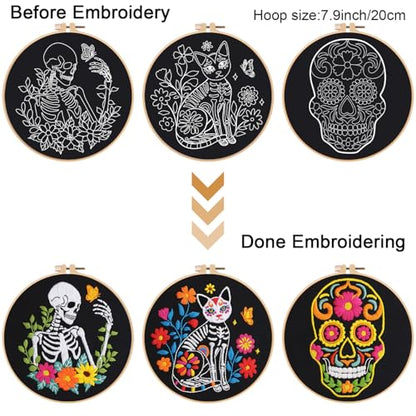 Louise Maelys 3 Set Halloween Skull Embroidery Kit for Beginners - color: skull flower
