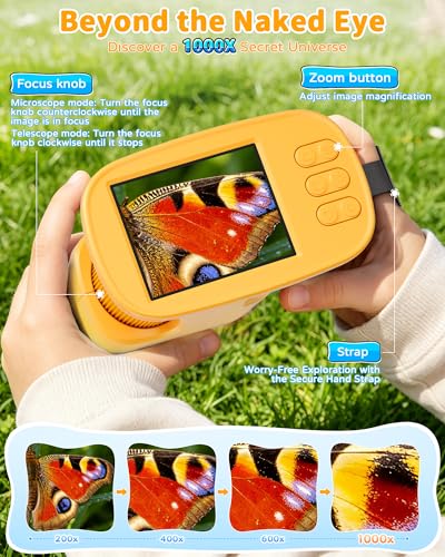 1000X Kids Handheld Microscope, 4K Digital Mini Pocket Digital Microscope with 2.4" IPS Screen, Built-in Camera & 12 Prepared Slides, STEM Educational Toy, Birthday Gift for Boys & Girls Ages 3–12 - color: Yellow