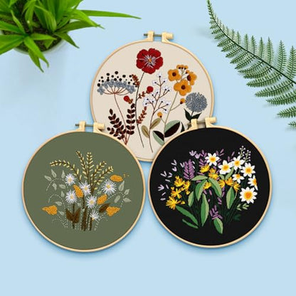 ERKOON 3 Sets Embroidery Kit, Floral Cross Stitch Set for Include Embroidery Cloth Hoops Threads for Craft Lover Hand Stitch (Plants & Flowers) - color: Plants & Flowers