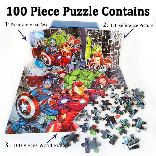 LELEMON Puzzles for Kids Ages 4-6,100 Piece Puzzles for Kids in Metal Box - color: Red+green