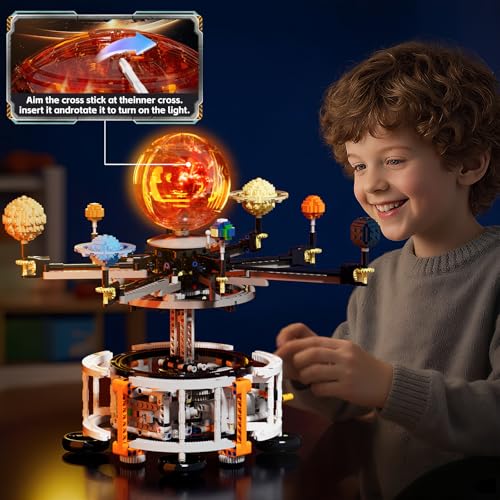 Dual-Mode Spinning Solar System Space Building Kit, STEM Model with Rotating Planets, Light-up Sun and Astronomy Educational Toys for Kids, Outer Space Birthday Gift for Ages 8+ (1282 PCS)