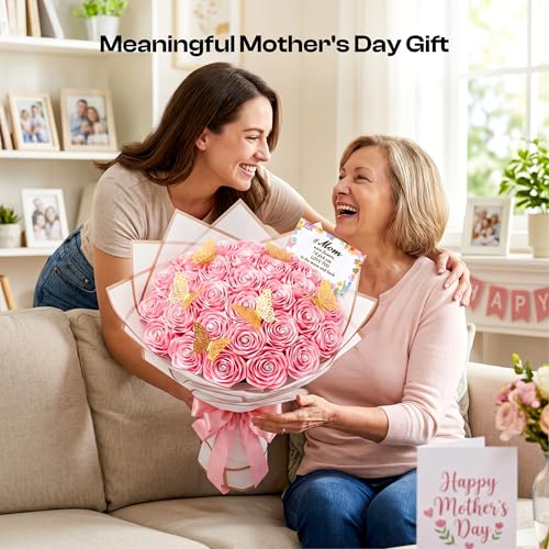 Caydo Pink Ribbon Rose Bouquet for Gifts - color: Light Pink