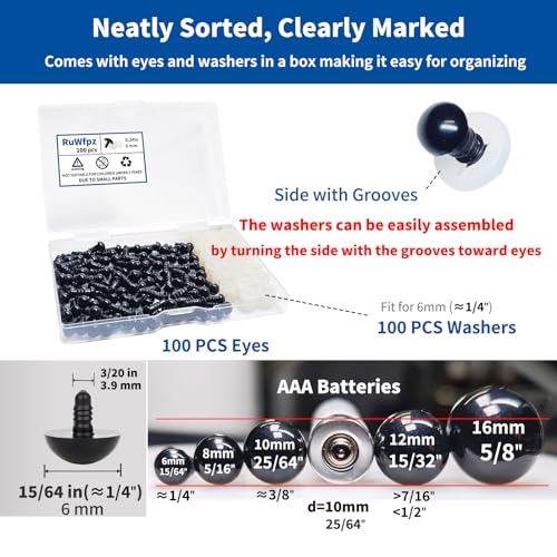 RuWfpz Safety Eyes for Amigurumi Crocheting Animals 6mm Bulk 100Pcs Black - size: 6mm