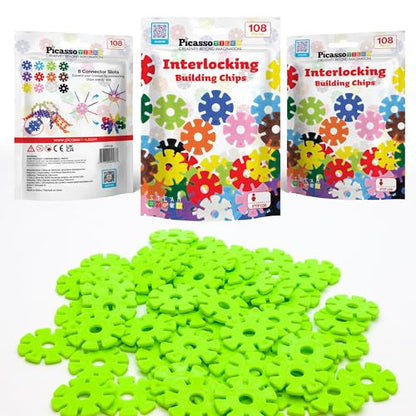 PicassoTiles Building Chips Interlocking Disc Construction Blocks in Light Green Color STEM Learning Early Education Toy Engineering Playset Child Brain Development for Girls Boys Kids Age 3+ PTF108 - color: Lgrn