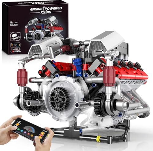 HIGH GODO Ideas V8 Engine Building Kit that Works, Build Your Own MOC Mini V8 Engine Model Toy for Display, STEM Toys Gifts for Teens Adults 14+ (700 PCS) - style: V8 Engine-C