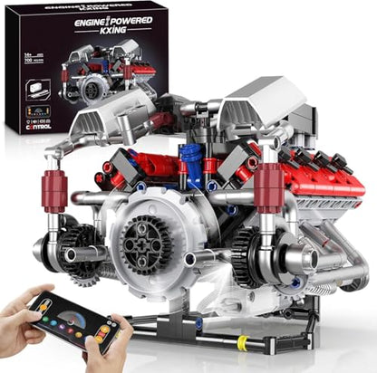 HIGH GODO Ideas V8 Engine Building Kit that Works, Build Your Own MOC Mini V8 Engine Model Toy for Display, STEM Toys Gifts for Teens Adults 14+ (700 PCS) - style: V8 Engine-C