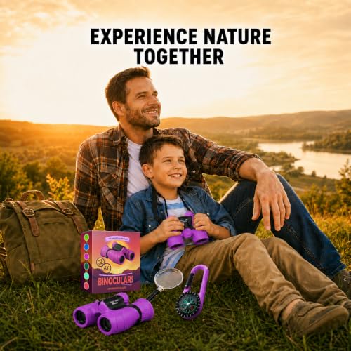 Binoculars for Kids – Perfect Toy for Little Boys and Girls – Extensive Set Incl. Magnifying Glass & Compass – Powerful Magnification 8X21 – 3 to 12 Year Old Kids for Toddler - color: Purple