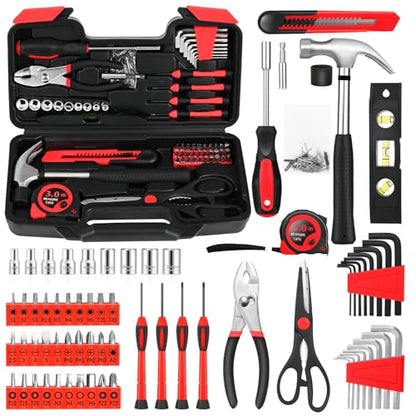 144-Piece Red Home Tool Set, Household Hand Kit with Plastic Toolbox - color: Red, size: 144-Piece