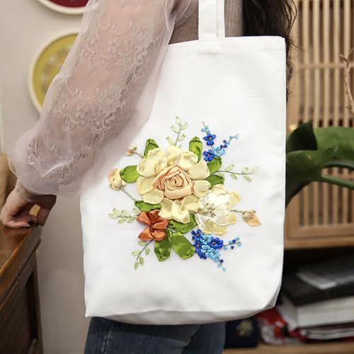 Canvas Tote Bag Silk Ribbon Embroidery Kit for Beginners Arts DIY Crafts Starter Kit Include Stamped Bag Threads Hoop - color: Color #3, Beige Bag