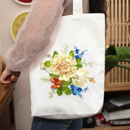 Canvas Tote Bag Silk Ribbon Embroidery Kit for Beginners Arts DIY Crafts Starter Kit Include Stamped Bag Threads Hoop - color: Color #3, Beige Bag