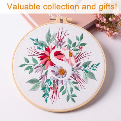 Harimau Letter Pattern S Embroidery Kit for Adult Beginners, Complete Starter Pack with 1 Hoop, Needles, Instruction Guide & Embroidery Stitch Video Tutorials - color: S