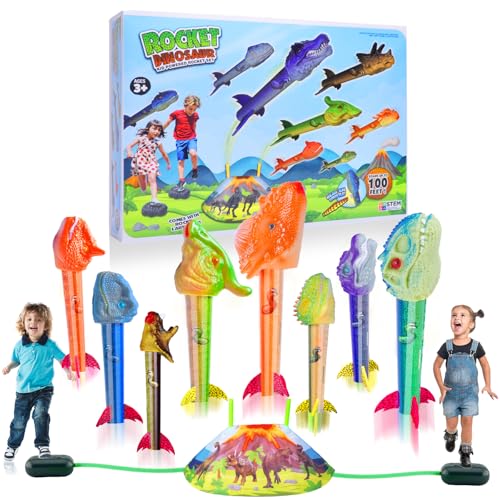Gizzjoy Dinosaur Rocket Launcher for Kids - Launch Up to 100 Ft, 8 Rockets and 2 Pads for Multi-Player, Dinosaur Toys, Birthday Gift Ideas, for 3 4 5 6 7 Year Old Boys, Outdoor Outside - style: Double Dinosaur Rocket Launcher