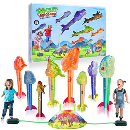 Gizzjoy Dinosaur Rocket Launcher for Kids - Launch Up to 100 Ft, 8 Rockets and 2 Pads for Multi-Player, Dinosaur Toys, Birthday Gift Ideas, for 3 4 5 6 7 Year Old Boys, Outdoor Outside - style: Double Dinosaur Rocket Launcher