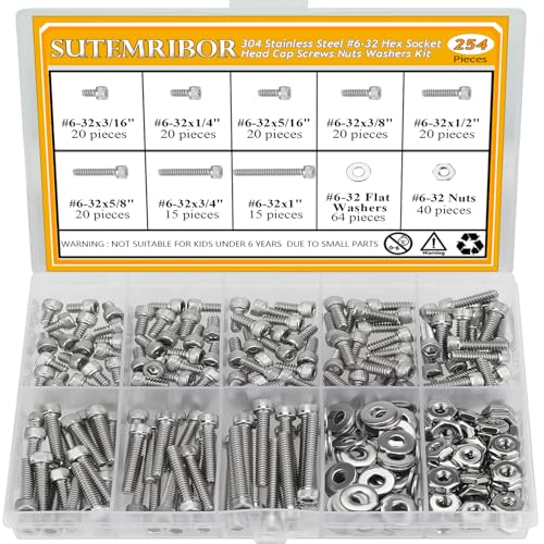 254 Pieces #6-32 x 3/16", 1/4", 5/16", 3/8", 1/2", 5/8", 3/4", 1", Hex Socket Head Cap Screws Nuts Washers Assortment Kit - size: #6-32, style: Socket Head
