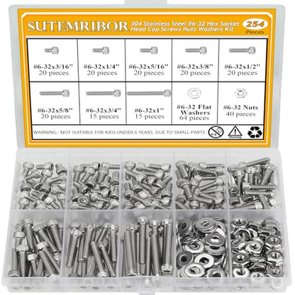 254 Pieces #6-32 x 3/16", 1/4", 5/16", 3/8", 1/2", 5/8", 3/4", 1", Hex Socket Head Cap Screws Nuts Washers Assortment Kit - size: #6-32, style: Socket Head