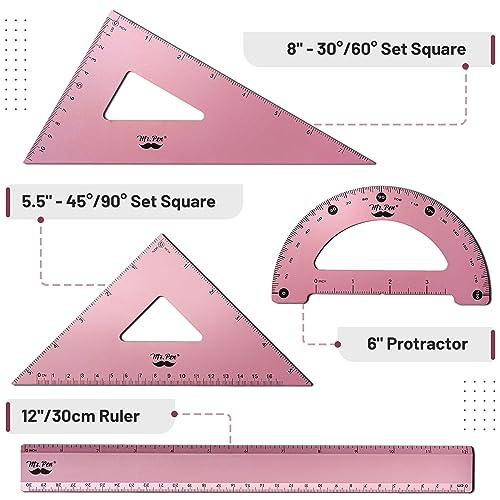 Mr. Pen- Metal Geometry Kit, 4 Pack, 45° & 30°/60° Set Squares - color: Light Pink