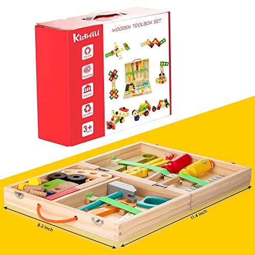 WOODMAM Wooden Kids Tool Set, 37Pcs Learning Construction Toy with Tool Box, Montessori Educational Building Toys Gift for 3+ Years Old Boys Girls - style: Standard