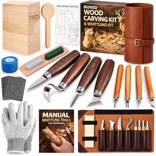 Wood Carving Kit Whittling Kit: Wood Carving Knife Tools with Leather Case - color: Brown