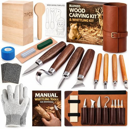 Wood Carving Kit Whittling Kit: Wood Carving Knife Tools with Leather Case - color: Brown