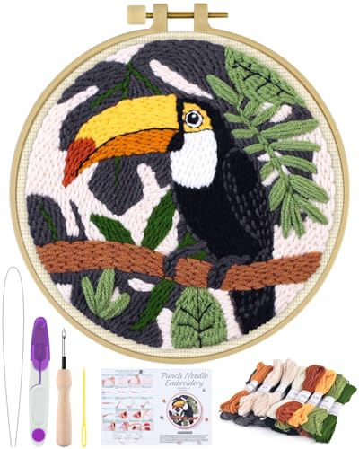 ERKOON Punch Needle Kit for Beginners Adults, DIY Easy Animals Embroidery Set for Starter Art Craft, Needling Punch Project with Patterns, Tools, Yarns, Hoop, Instruction (Crow) - color: Crow