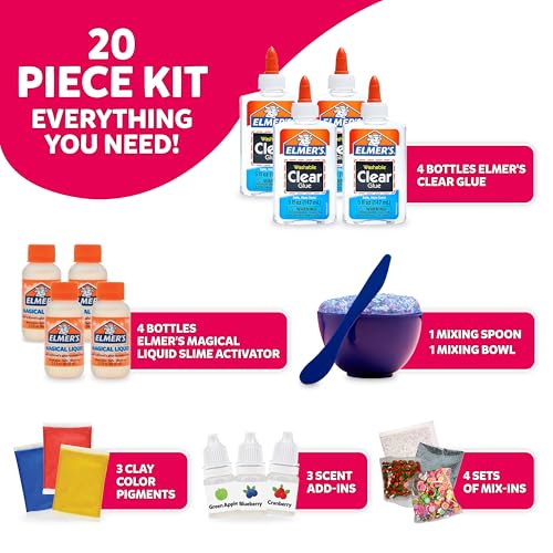 Elmer's Fruity Fusion Slime Kit, Includes Elmer's Clear Glue, Magical Liquid Slime Activator, Clay Color Pigments, Scents, Mixing Bowl, Spoon, 20 Piece Kit - style: Fruity Fusion Kit- Amazon Exclusive