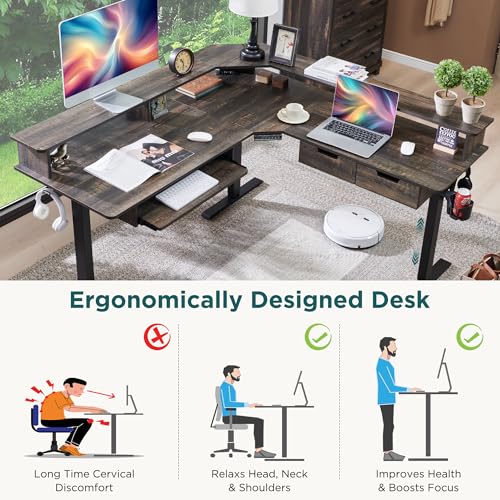 RedLemon 60 Inches L Shaped Electric Standing Desk, Dark Rustic Oak - color: Dark Rustic Oak, size: 60"X60"