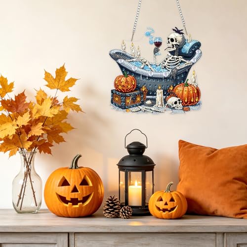 NAIMOER Halloween Diamond Art Hanging Kits for Adults, Skull 5D Special Shaped Rhinestone, DIY Acrylic Diamond Art Painting Window Pendants Home Garden Wall Hanging Ornament Kits, Double Sided - color: Halloween Skull