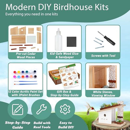 Modern Birdhouse Woodworking Kit, Build Your Own DIY Bird House Kit for Kids and Adults, DIY Woodcraft Building Projects with Paint Set - style: Modern