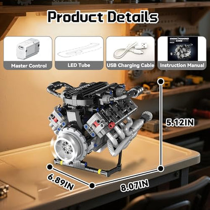 V8 Mini Engine Model Kit that Runs Building Sets with Motor, APP Control technic & Light, Car Mechanic Engineering Collectible for Adults Boys 14+