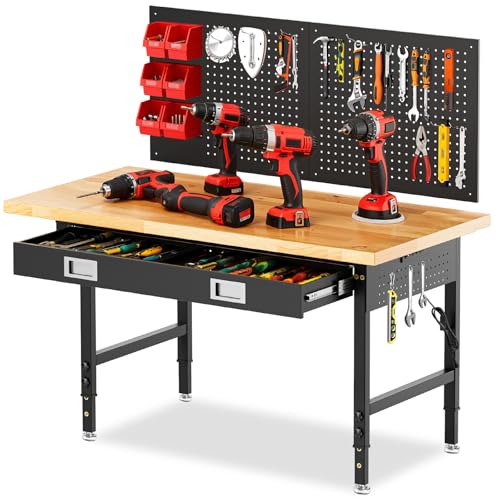 60" Workbench with Drawers, Adjustable Height Work Table, 2000 LBS Heavy-Duty, Rubber Wood, Black, Steel - size: 60"| Drawer | Pegboard | Power Outlets