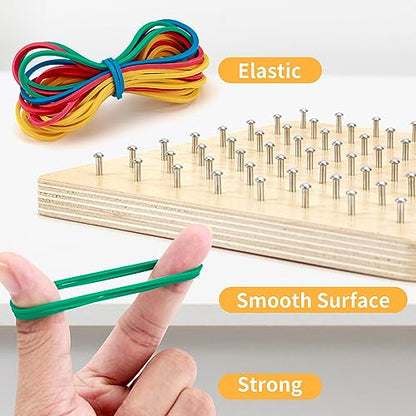 HEELWIRE Wooden Geoboard, Montessori Educational Toy for Kids with Pattern Cards and Rubber Bands to Figures and Shapes, Brain Teaser STEM Geo Board - size: 7*7*0.6 in Plus