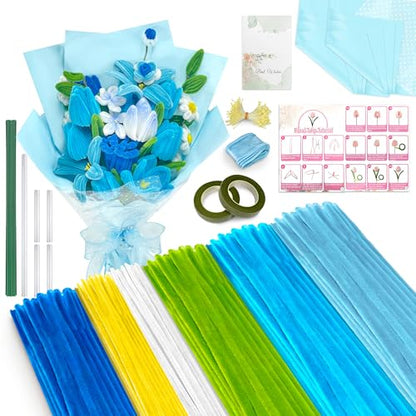 LINAYE 500 PCS Pipe Cleaners Craft, 6 Colors Pipe Cleaners Flowers Kit, Chenille Stems for Crafts with Instruction Wrapping Paper, Flower Stamens, Stems Art and Craft Supplies Blue - color: Blue
