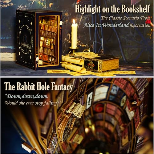 DIY Book Nook Kit, Alice in Wonderland, Dollhouse Miniature, Booknook Bookshelf Insert Alley 3D Wooden Puzzle, Bookends Model Building Kit, Gift for Teens and Adults, Falling Library - color: B-falling Library