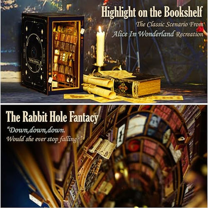 DIY Book Nook Kit, Alice in Wonderland, Dollhouse Miniature, Booknook Bookshelf Insert Alley 3D Wooden Puzzle, Bookends Model Building Kit, Gift for Teens and Adults, Falling Library - color: B-falling Library