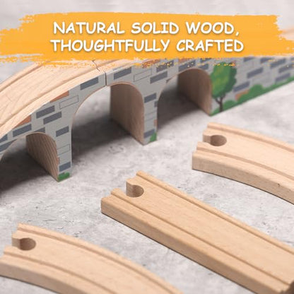 SainSmart Jr. 9 Pcs Wooden Train Track Expansion with Bridge, Wood Train Track Pieces Compatible with Thomas, Brio, Chuggington – Sturdy Hardwood for Long-Lasting Play, Ideal Gift for Kids 3-7