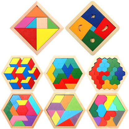 Jerify 8 Pack Wooden Tangram Puzzle for Kids, Wooden Hexagon Puzzles Block