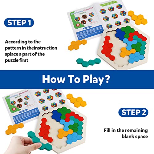 Wooden Hexagon Blocks Puzzle, STEM Montessori Brain Teaser for Kids Adults - style: Puzzle 1- Colorful Rainbow
