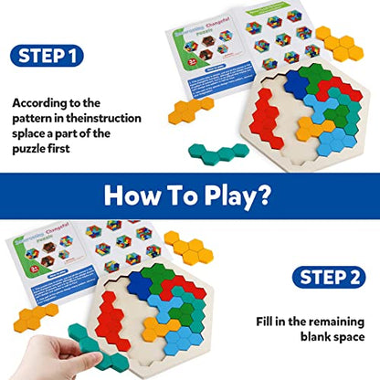 Wooden Hexagon Blocks Puzzle, STEM Montessori Brain Teaser for Kids Adults - style: Puzzle 1- Colorful Rainbow