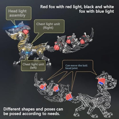 Mechanical Fox Model Kit | 3D Metal Puzzle for Adults | Articulated Alloy and Steel Construction | Movable Joints | LED Light | DIY Assembly Model | Display Ornament and Gift (Red) - color: Red