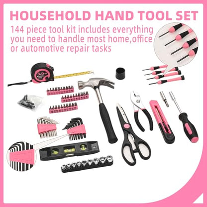 144-Piece Household Tool Set, Pink Tool Kit with Plastic Toolbox - color: Pink, size: 144-Piece