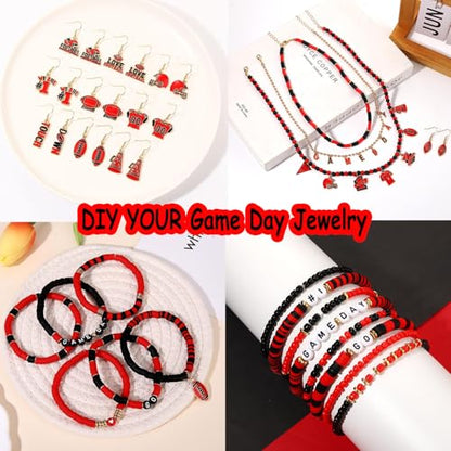 2200PCS+ Game Day Beads Charms for Bracelet Making Polymer Clay Beads Crystal Pearl Letter Gold Spacer Beads Football Charms for Game Day Bracelet Necklace Making DIY Crafts - color: Red Black