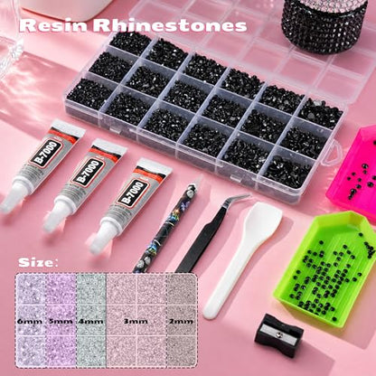 32000 Pcs Resin Jelly Rhinestones Kit, Black 2/3/4/5/6mm Flatback Rhinestones with 3 Pcs B7000 Jewelry Glue & Tools, All-in-One Bedazzling Kit for DIY Arts & Crafts Gifts - color: Black